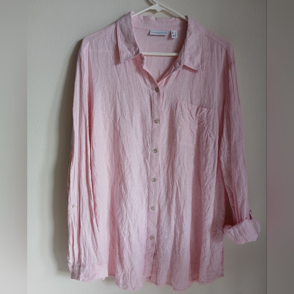 Susan Graver Pink Linen Blend Button Front Top Size Large